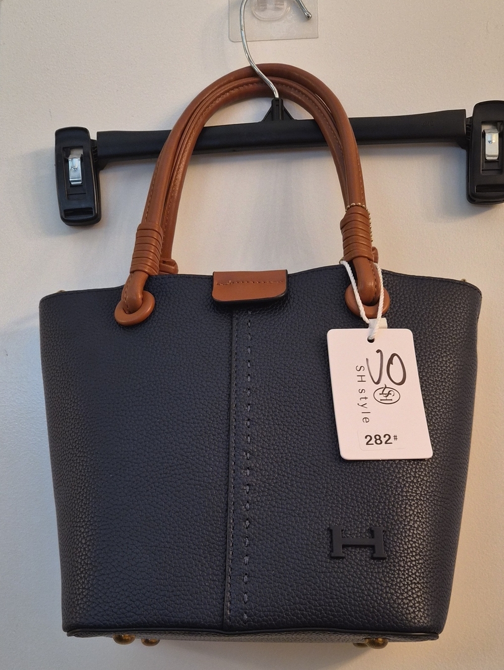 Women's Dark Navy and Brown Leather Tote Bag